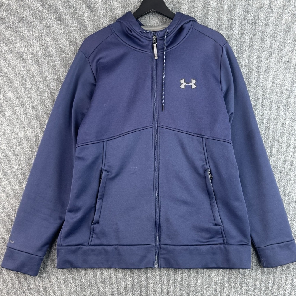 Under Armour Hoodie Mens L Navy Blue ColdGear Full Zip Fleece Loose Fit Pockets